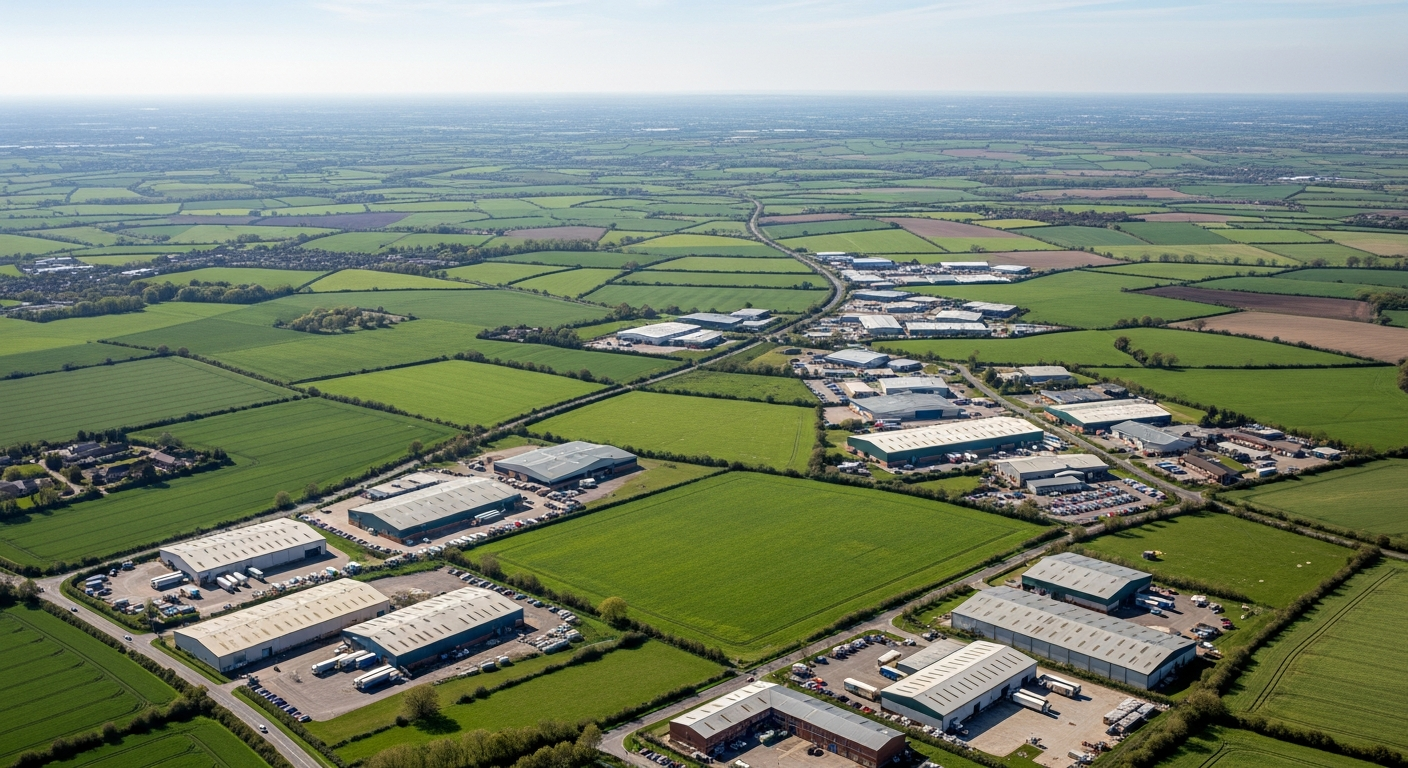 Aerial view of commercial warehouses and industrial buildings across the English countryside
