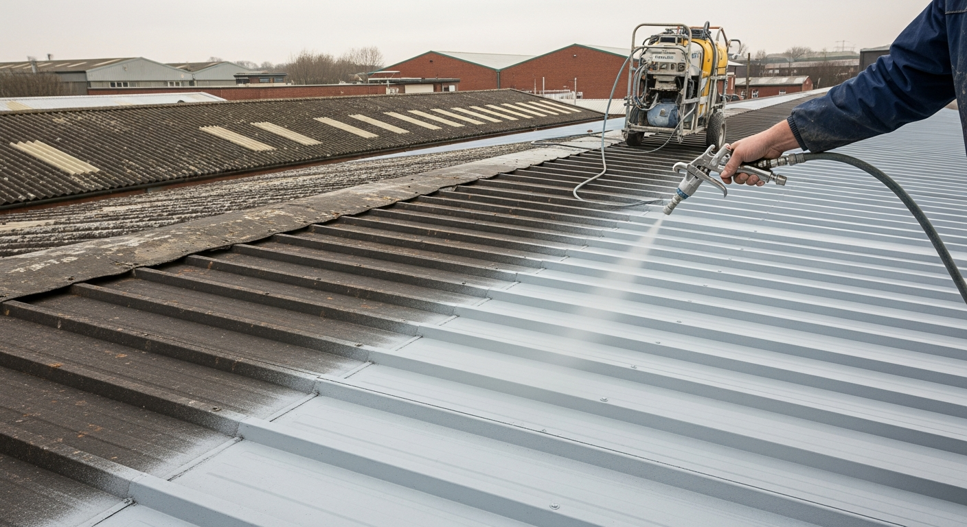 Professional roof coating being spray applied to corrugated metal cladding on a commercial warehouse