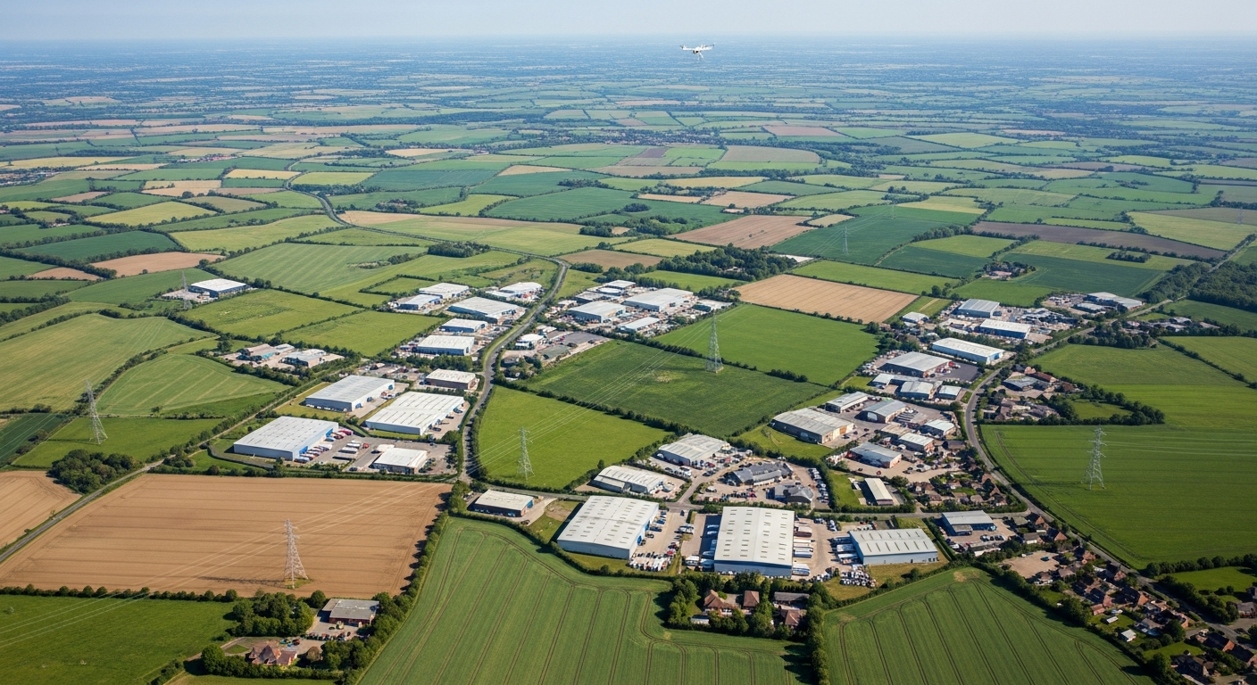 Aerial view of East Anglia commercial warehouses and farmland