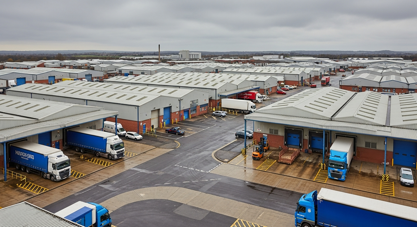 Midlands industrial estate with metal-roofed warehouses and loading bays
