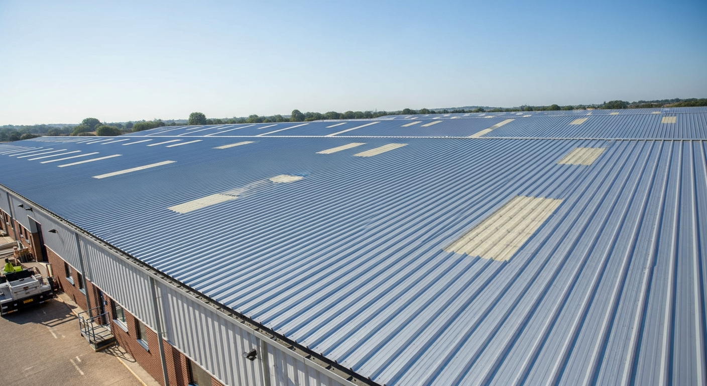 Completed roof coating on a large commercial warehouse showing professional silver finish